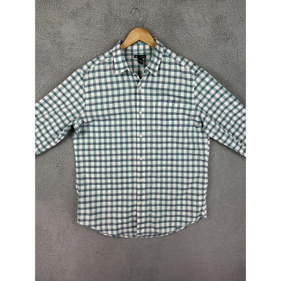 Gap Shirt Mens Large Green Plaid Gingham Button Down Classic Fit Linen Blend Men - Picture 2 of 8